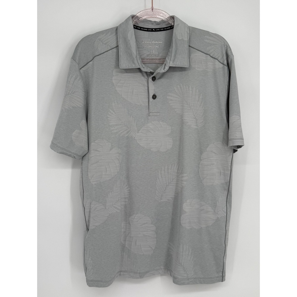 Tommy Bahama Island Zone Mens Grey Tropical Leaf Print Polo Shirt Stretch Sz L